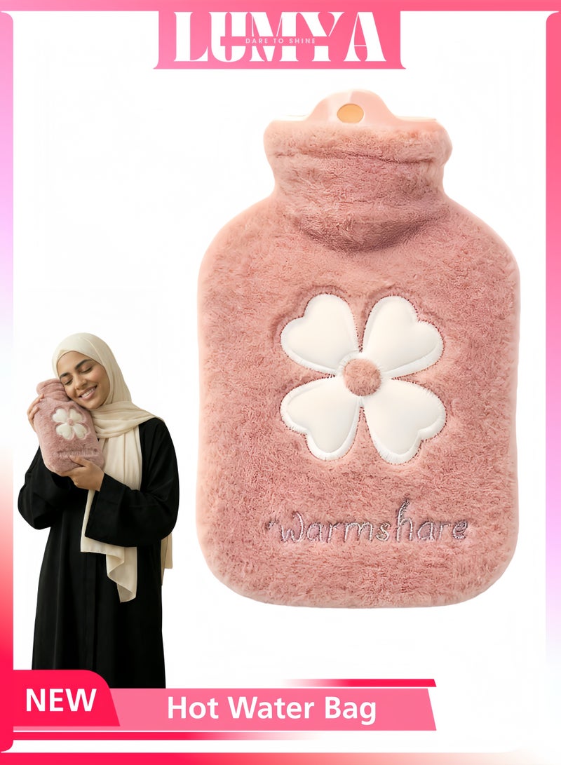LUMYA Leakproof Hot Water Bag, Hot Water Bottle with Plush, Reusable Warm Water Bag for Hot and Cold Therapy, Hand and Foot Warmer for Home Office Bed, Pain Relief Heating Bottle, Hot Compress Bag, Hot Water Bag for Pain Relief, Back, Neck, Period Cramps (Pink, 500ml) - Image 1